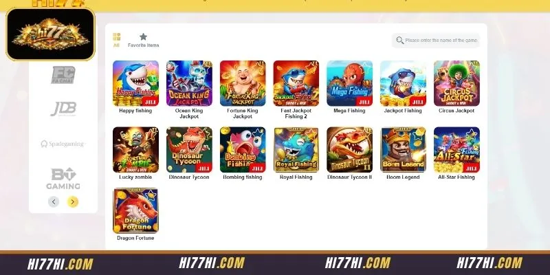 Comprehensive provider navigation center presenting the full range of active arcade modules available on the platform Fishing Games
