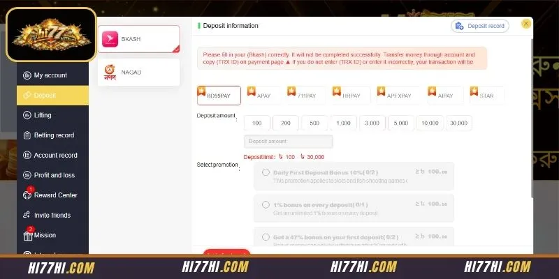 HI77 DEPOSIT mobile dashboard showing bKash Nagad and Rocket options