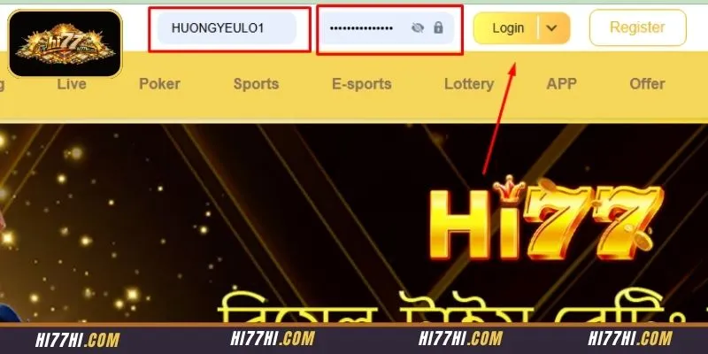 Mobile interface layout displaying the necessary credential information input boxes for HI77 LOGIN