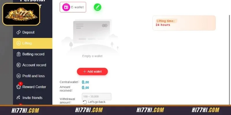 Operational interface layout displaying the necessary electronic wallet configuration options for HI77 WITHDRAWAL
